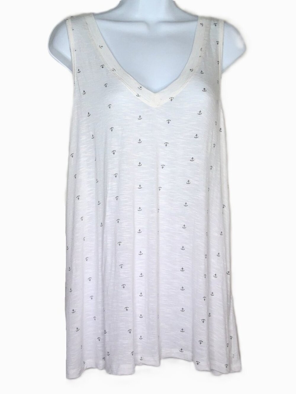 Max Jeans Sleeveless Top V-Neck White W/ Anchors Long Soft & Flowy Stretch Sz L